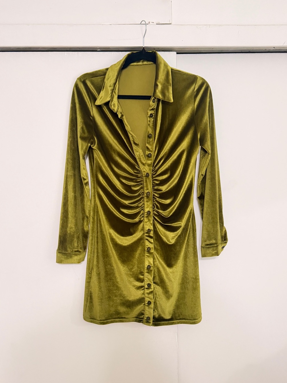 Olive Green Velvet Ruched Shirt Dress